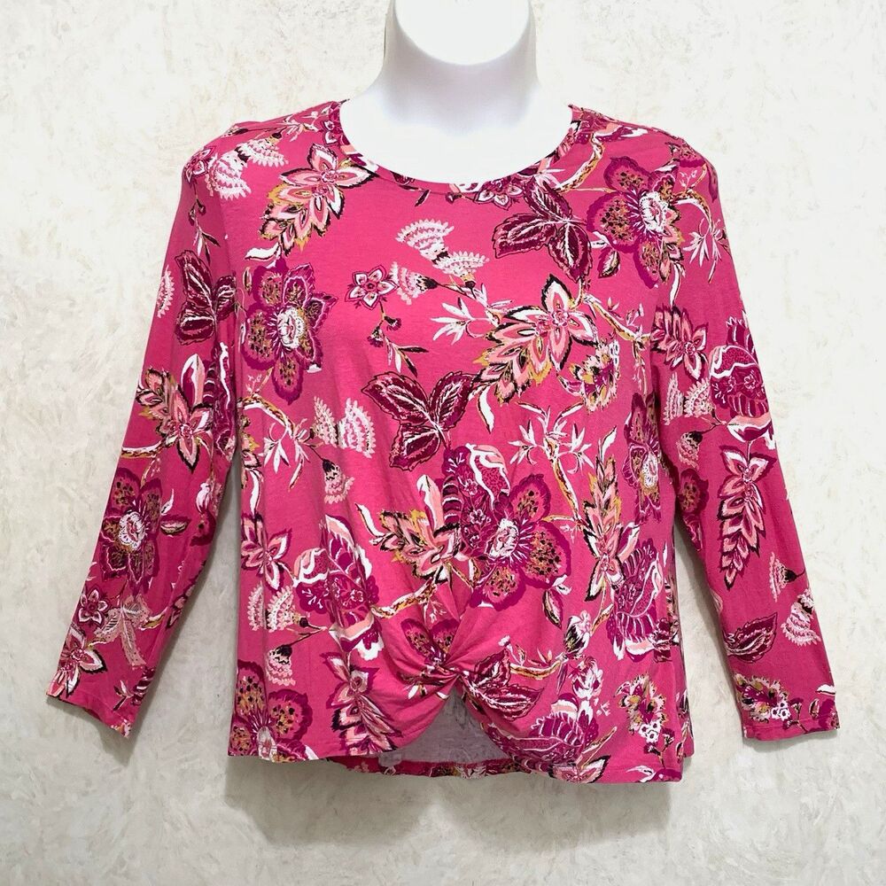Style & Co Top Womens Size Lg Pink Floral Twist Front 3/4 Sleeve Knit Stretch